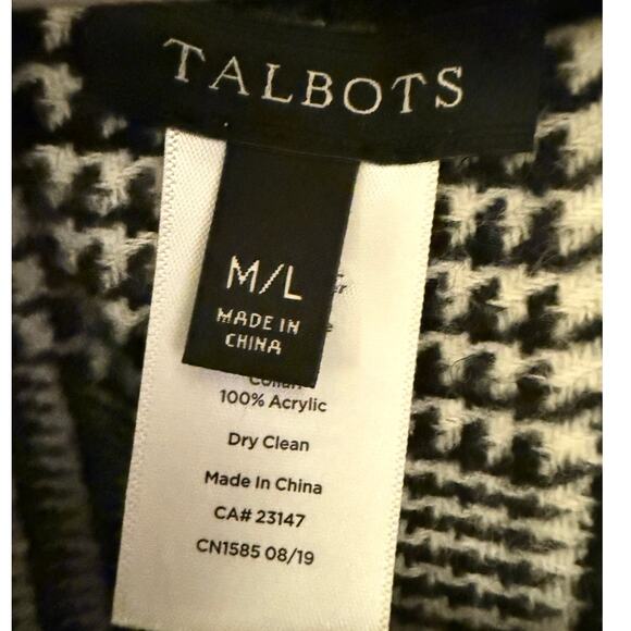 Talbots M/L Black White Houndstooth Fringe Cape Poncho Cowl Neck Classic Chic - Picture 3 of 6